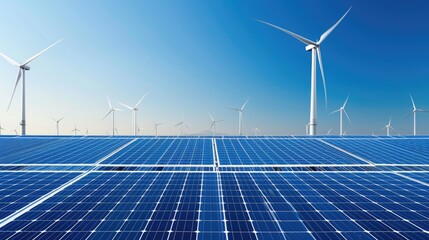 Renewable Energy Concept with Solar Panels and Wind Turbines Against Clear Sky