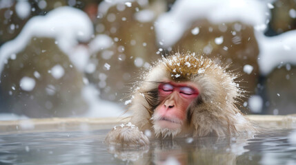 Snow Monkey in Repose in Hot Spring with Snowflakes