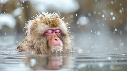 Snow Monkey in Repose in Hot Spring with Snowflakes