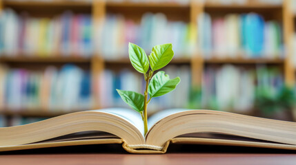 Seedling Growing from Open Book in Library