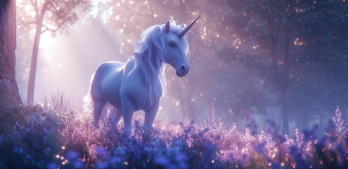 unicorn 3D avatar introducing a fantasy role-playing game in a mystical, sparkling landscape