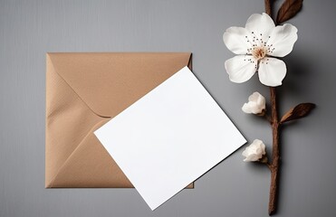 Minimalistic card mockup with cherry branch, flower, craft envelope, blossom, flat lay, top view
