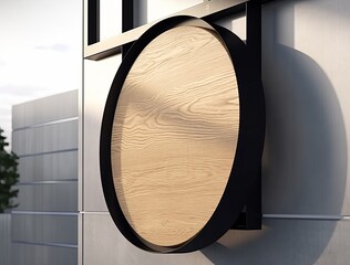 circle mockup of street store template signboard on empty wood wall