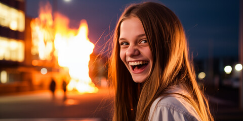 Evil girl laughing at burning building, criminal child - obrazy, fototapety, plakaty