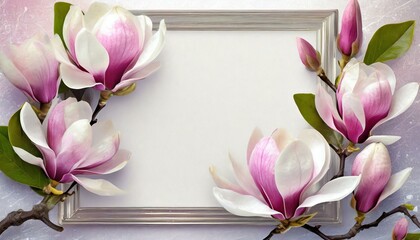Magnolia flowers surrounding a white frame with a sheet of paper. Three-dimensional spring background with space for text