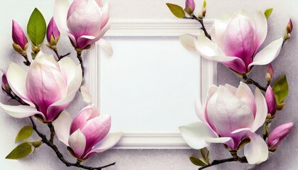 Kwiaty magnolii otaczające białą ramkę z kartką papieru. Trójwymiarowe, wiosenne tło z miejscem na tekst - obrazy, fototapety, plakaty