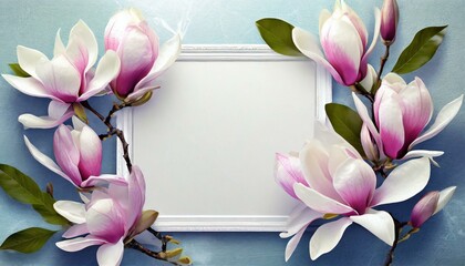 Kwiaty magnolii otaczające białą ramkę z kartką papieru. Trójwymiarowe, wiosenne tło z miejscem na tekst - obrazy, fototapety, plakaty