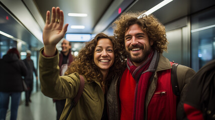 Couple waving farewell as one goes through airport security - obrazy, fototapety, plakaty