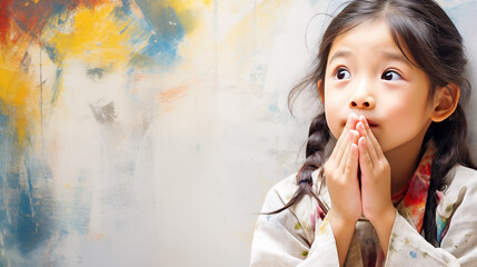 Japanese girl with a contemplative gaze, her hand artistically adorned with paint, against a minimalist background