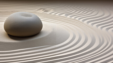 Zen garden with sand patterns and smooth stones