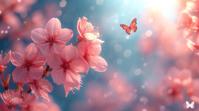 Branches of blossoming cherry against blue sky with butterflies and pink sakura flowers outdoors, dreamy romantic image of spring, panorama landscape.