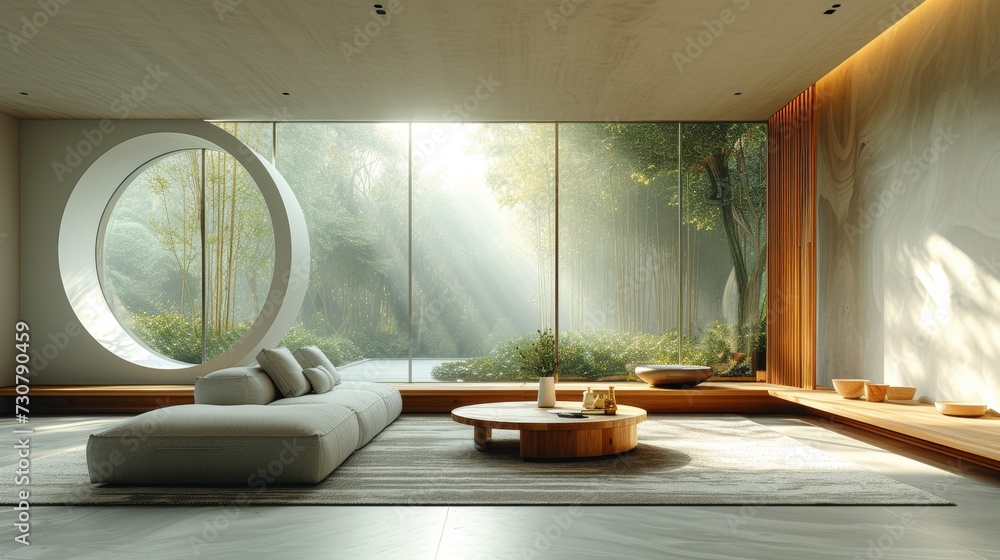 Wall mural A light living room with grey sofas, wooden coffee tables, and a big window