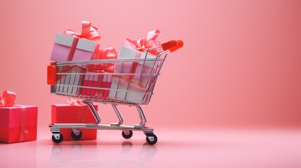 Close-up of a small shopping cart filled with a variety of gift boxes on a pink background with a copy space.
