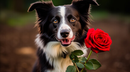 Adorable dog presenting a flower