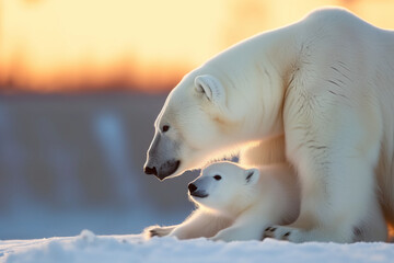 Portrait of mother polar bear with her cute cub at sunset 