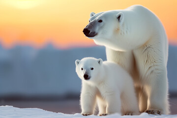 Portrait of mother polar bear with her cute cub at sunset 