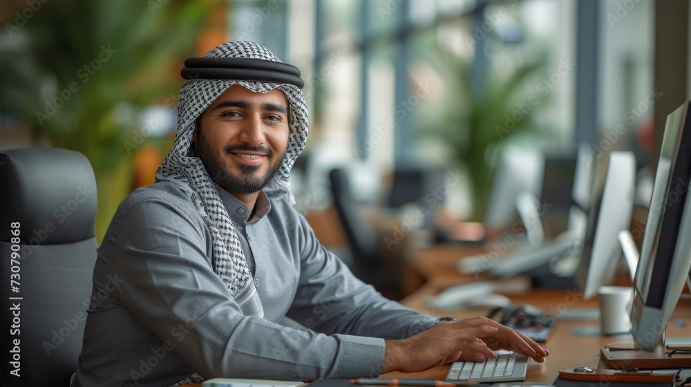 Poster the image shows a smiling young middle eastern businessman working at a desk in a modern office at t