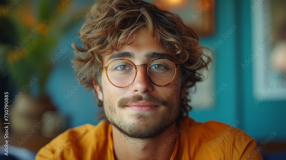 Poster Millennial in glasses using laptop computer for online work or communication on blue studio background
