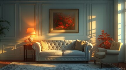 The living room is decorated with a grey sofa, armchair, and glowing lamps
