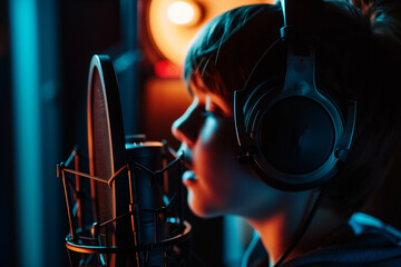 boy singing in recording studio - obrazy, fototapety, plakaty
