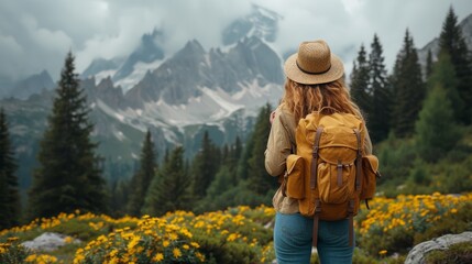 Fototapeta na wymiar Stunning mountain and forest environment, backpack holding woman looking at amazing mountains and forests, text space, epic atmosphere, wanderlust travel concept