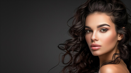 Naklejka premium Beauty Woman Face With Natural Makeup. Beautiful Girl Curly Hair. Fashion Model Closeup Portrait