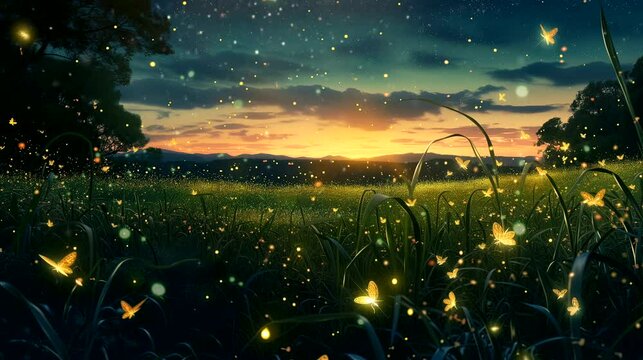 A dreamy field of fireflies illuminating the night sky. Fantasy landscape anime or cartoon style, seamless looping 4k time-lapse virtual video animation background