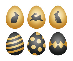 Easter eggs vector illustration in 3d realistic style. Classic luxury black golden color chocolate egg with bunny or rabbit silhouette isolated on white background.