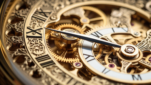 Mechanism, clockwork of a watch with jewels, close-up. Vintage luxury background. Time, work concept