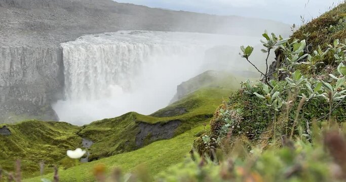 Powerful Water Flowing On Detifoss Waterfall In Vatnajokull National Park In Iceland. Slow motion