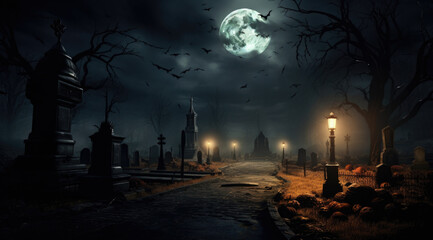 Full Moon over a dark mysterious cemetery. Crosses and graves at night in the moonlight - obrazy, fototapety, plakaty