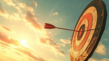 Bullseye! Arrow in Target Against a Sunset Sky