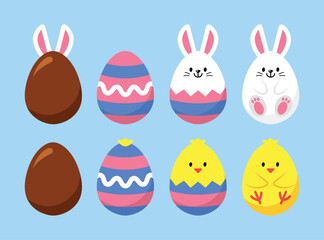 Easter eggs vector illustration with bunny or rabbit and baby chick and chocolate in cute modern colorful cartoon style for seasonal holiday decoration.  