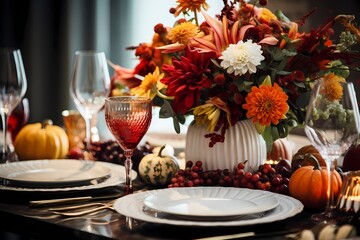 Obraz na płótnie Canvas Inviting fall-themed table setup showcasing beautiful plates, gleaming cutlery, crystal glasses, assorted pumpkins, and a carefully arranged array of autumn flowers in a flat lay