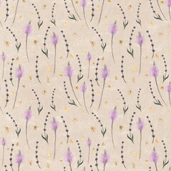 Seamless pattern with sprigs of lavender on a beige background, digital art