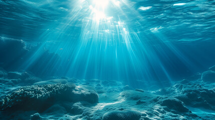Fototapeta na wymiar Underwater view of coral reef with sunbeams, underwater landscape