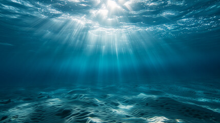 Underwater view of the sunbeams shining through the water surface