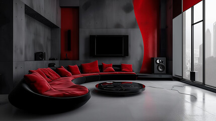 3d rendering of modern living room with red sofa and tv.