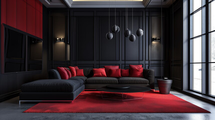 Interior of modern living room with black walls, concrete floor, black sofa and red carpet. 3d rendering