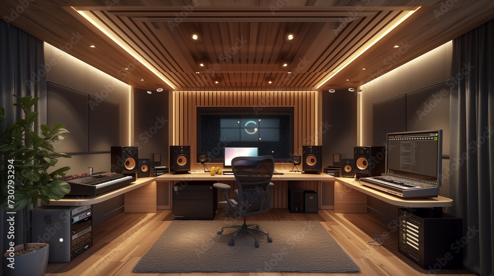 Poster 3d rendering of a modern music studio with lighting and wood elements