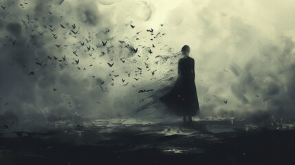 Silhouette of a woman in a dark raincoat on a background of flying birds