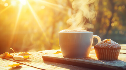 A cup of steaming coffee and a delicious muffin on a table.