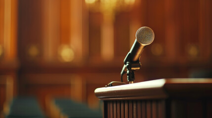 Microphone on Podium with Golden Spotlight and Dark Background