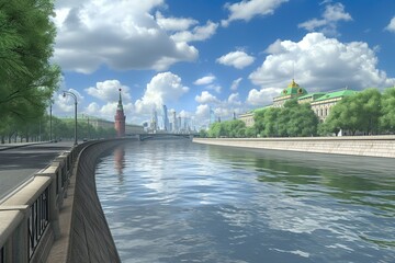 Moskva river. Russian capital. Moscow. Canal. Simple illustration. Game setting. Tourism. Kremlin. Game art. Game level. Game plot