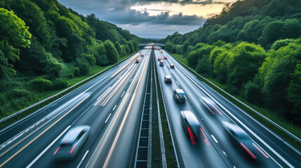 Rush Hour: Blurred Motion of Traffic on Highway with Lush Greenery and Cloudy Sky
