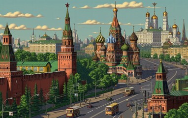 Tourism. Russian capital. Cartoon Moscow. Religion. History. Orthodox. Basil. Red Square. Museum. Travel. Temple. Palace. Landmark. Russia. Game location. Mobile game. Game art, game level