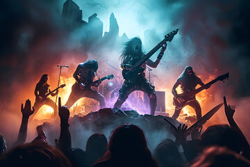 hellish rock musicians band with electric guitars in a rock world/ Digitally generated image. Not based on any actual person, scene or pattern.