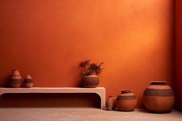 Invitingly warm empty solid color background in a rich terracotta, adding depth to the scene