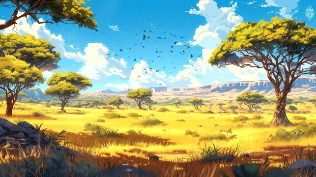 A vast savannah dotted with acacia trees and wildlife. Fantasy landscape anime or cartoon style, seamless looping 4k time-lapse virtual video animation background
