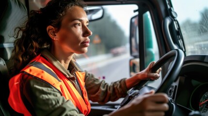 Focused Female Truck Driver at the Wheel in High-Visibility Jacket During Shift